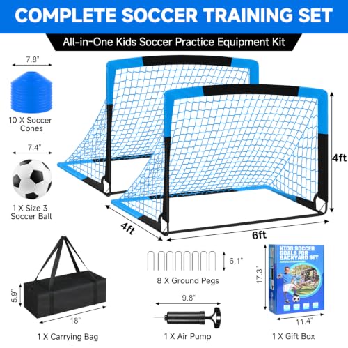 Soccer Goal, Kids Soccer Goals for Backyard Set- 2 Pack of Portable Pop Up Soccer Nets with Ball,Cones,Soccer Training Equipment for Toddler,Youth Outdoor Backyard Game - color: Blue Black, size: 6x4 FT