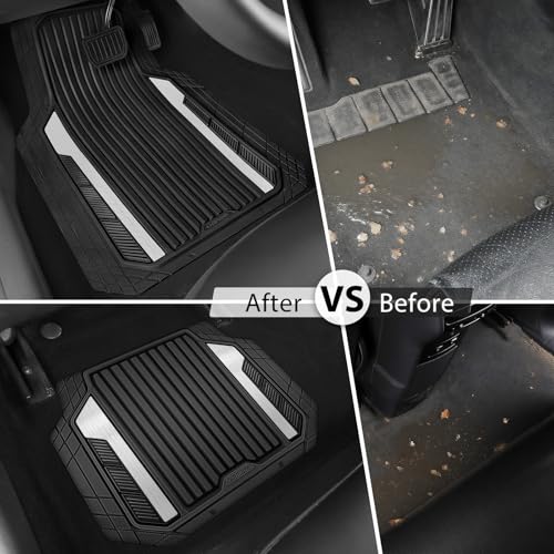 CAR PASS Heavy Duty Rubber Car Mats Metallic, Aluminum Film All Weather Floor Mats Waterproof Universal Trim to Fit for SUV Sedan Van 4 Piece Deep Dish Two-Tone Sporty Black Silver Chrome - color: Black and Silver