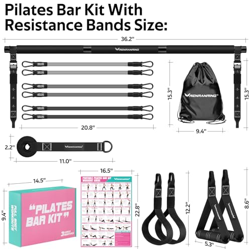 Pilates Bar Kit with 6 Latex Resistance Bands, Adjustable Exercise Bar - color: Black Pro