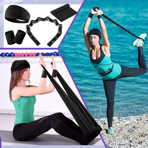 Poen 18 Pcs Home Pilates Ball and Ring Circle Set Yoga Fitness Essentials Kit with 5 Resistance Band Stretching Strap Non Slip Sock Ball Core Slider Wristband Headband Gym Bag for Women - color: Black