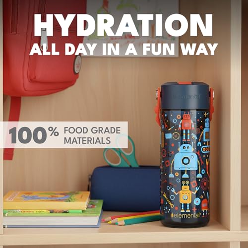Elemental Water Bottles for Kids - Splash Kids Water Bottle for School with Pop-it Handle - BPA Free Tritan Plastic Water Bottle with Straw Leak Proof when Spout is Closed - Blue Robot - 18oz - color: Blue Robot