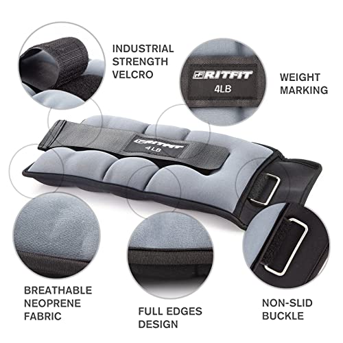 RitFit Ankle Weights - A Pair of 2/3/4/6/8/10 LBS, Wrist Weights with Adjustable Straps for Women & Men, Leg Weights for Walking, Running, Yoga, Gym, Workout, Physical Therapy - size: 8 lb Pair (4 lb Each)