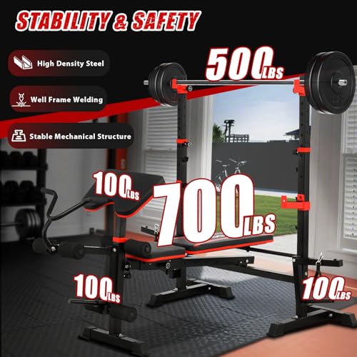 MAIDOMA Foldable 1500LBS Capacity 8 IN 1 Weight Bench Set with Leg Extension/Squat Rack/Preacher Curl, Adjustable Bench Press for Home Gym Full Body Workout (US Stock) - color: Black Red