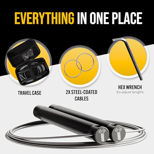GODROP Jump Rope - Adjustable Speed Jump Rope - 2x Steel Coated Ropes, Carrying Case - Aluminum Anti Slip Handles with Double Ball Bearings for Double Unders, CrossFit, Boxing & Home Workout for Men & Women - color: Black