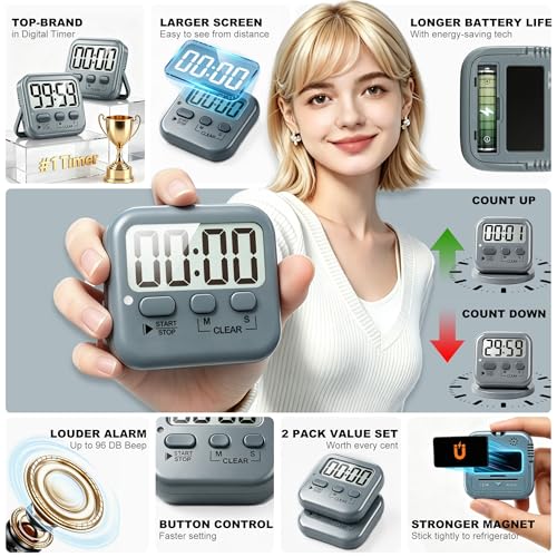 Antonki 2 Pack Digital Timer for Kids, Magnetic Countdown Kitchen Timers for Cooking, Egg, Classroom, Teacher, Exercise, Study, Oven - Battery Included - color: Space Grey