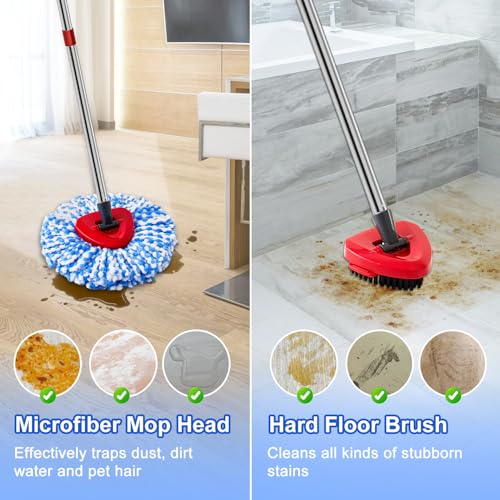 Spin Mop Handle Mop Heads and Base Replacement Sets Compatible with O Cedar EasyWring Rinseclean 2 Tank System, Flexible & Reusable(1 Sets Stainless Steel Handle & 2 Refills & 1 Base & 1 Scrub Brush) - color: 1 Sets Stainless Steel Mop Handle + 2 Blue Hea