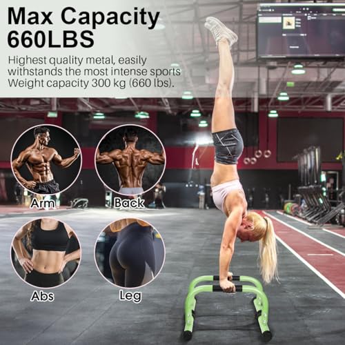 AmazeFan Parallettes Bars, Push Up Bars Strength Training For Handstands, Full Planche & Dips, Calisthenic, Gymnastic, [16.6x10x10in] Push Up Stands Handle for Floor Workouts Calisthenics Equipment - color: Green