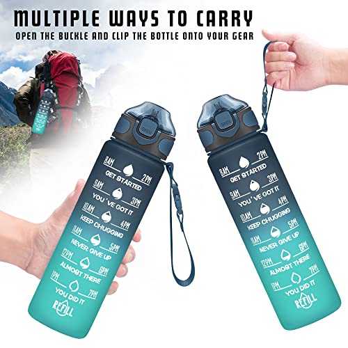 Enerbone 32 oz Drinking Water Bottle with Times to Drink and Straw, Motivational with Carrying Strap, Leakproof BPA & Toxic Free, Ensure You Drink Enough Water for Fitness Gym Outdoor - color: Navy Blue Green