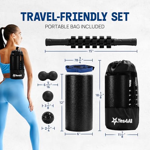Yes4All Foam Muscle Roller Set, 7-in-1 High-Density Set of Back Roller, Fascia Massage Tool, Stretch Strap, Spiky, Peanut & Smooth Massage Balls, Carry Bag - Ideal for Muscle Care & Relaxation - color: Black - Set 7in1, size: 12-inch (Pack of 1)