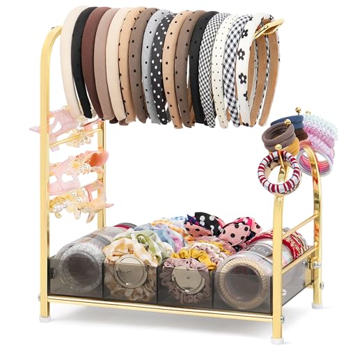 Keebofly Acrylic Hair Accessories Organizer, Versatile Headband Holder Stand for Scrunchies, Bows, Claw Clips, Hair Tie, Compact Hair Organizer Storage for Girls, Women, Babies, Amber & Gold-Plated - color: Amber Acrylic & Gold-Plated