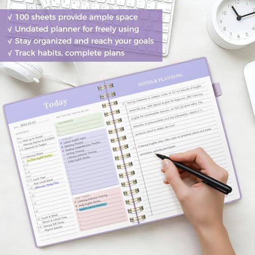 Oucaru Undated Daily Planner, A5 Spiral Notebook with Hourly Schedule, To Do List, Priorities, and Notes for Productivity - Easily Organize Your Tasks, Appointments & Goals for Women - size: A5-Purple, style: Daily Planner