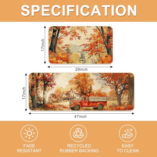 FYSUIMU Fall Kitchen Mats Fall Harvest Rugs Set of 2 Watercolor Autumn Maple Scene Pumpkin Truck Non-Slip Floor Mat Thanksgiving Aesthetic Decorative Bath Rugs for Home, 17 x 29 Inch & 17 x 47 Inch