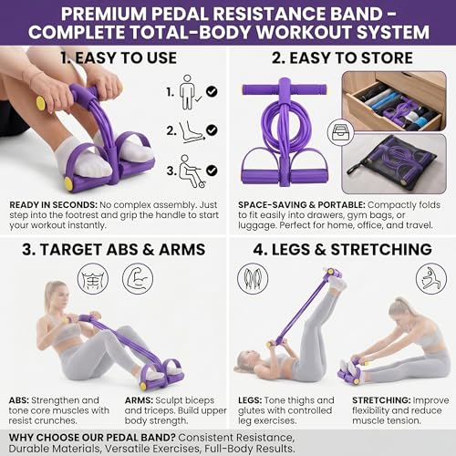 Pedal Resistance Band with Handle: Multifunction Foot Pedal Exercise Bands for Working Out - 8-Tube Rubber Up to 60 Lb - At Home Workout Equipment for Women - Abdomen/Waist/Arm/Leg