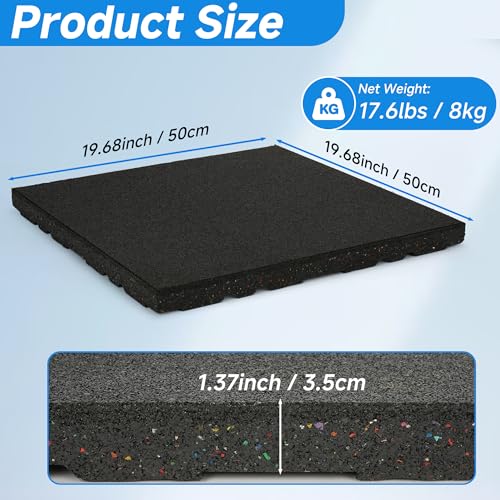 1.37'' Thick EPDM Exercise Equipment Mat Shock Absorbing Mats | 2 PCS 20'' X 20'' Heavy Duty Rubber Silencer Drop Pads Noise Reducing Weightlifting Crash Floor Mats for Home Gym, Black