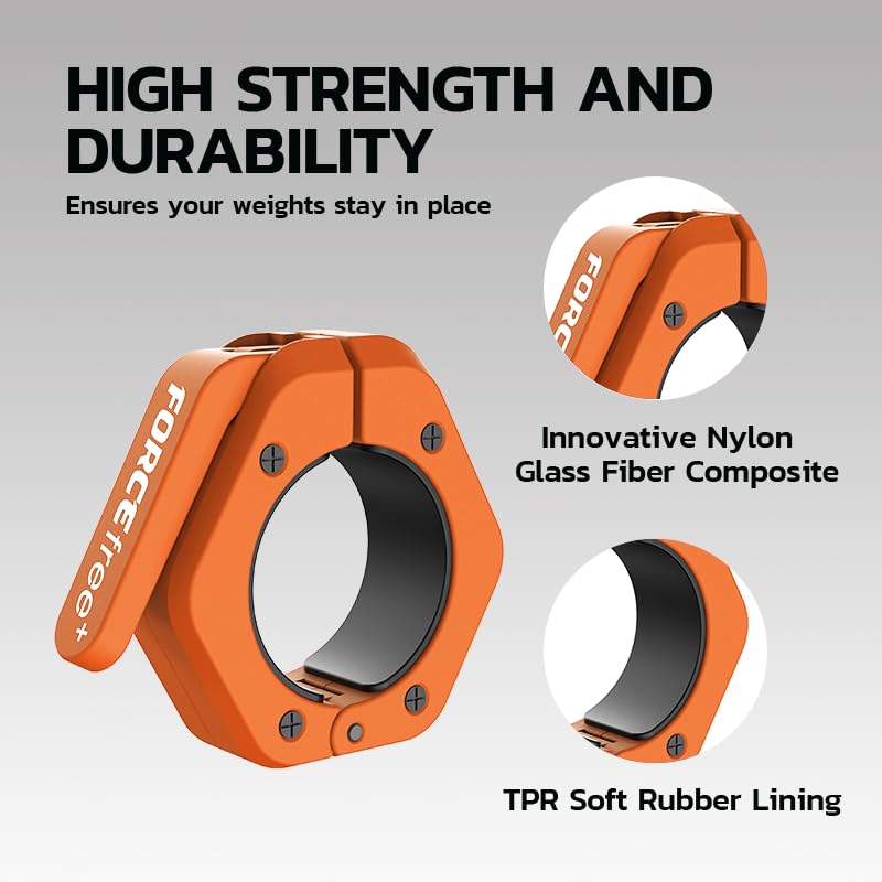 Forcefree+ Barbell Clips (Pair), Barbell Clamps, Quick Release Olympic Barbell Clamps with Anti Slip TPR Grip, Barbell Collars for Secure Weightlifting & Powerlifting - color: Orange