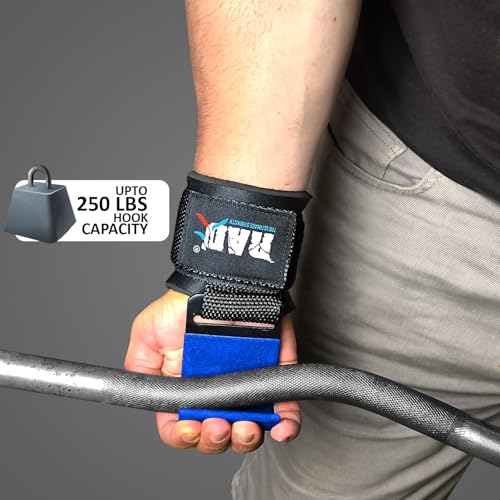 RAD Weight Lifting Hooks (Pair) Comfortable Anti-Rip Nylon Strap Extra Strong Hand Grips for Men & Women Powerlifting Heavy Duty Thick Wrist Padding Gym Workout Enhancer for Power Deadlift Pull Up - color: Blue
