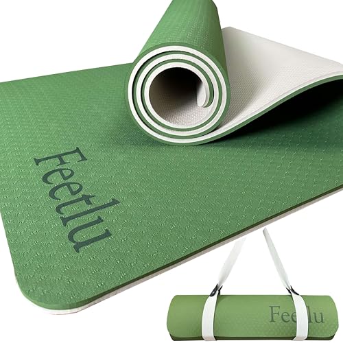 Extra Thick Yoga Mat with Carry Strap, 10mm Non-Slip Exercise Mat, 72 x 24 Inch Cushioned Workout Mat for Yoga, Pilates, Stretching & Floor Exercises - color: Green & Cream