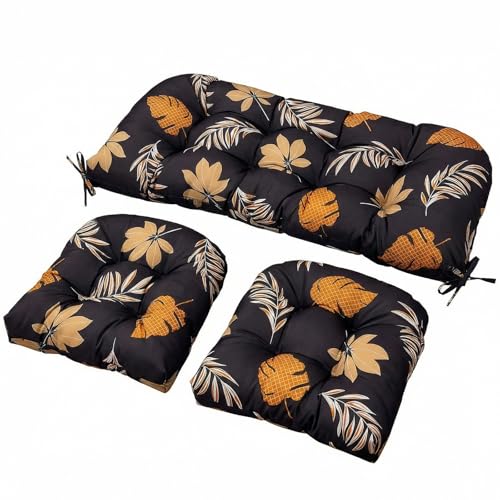 Wicker Chair Cushions Set, 2 U-Shaped Cushions & 1 Loveseat, Waterproof Outdoor Loveseat Cushion for Patio Furniture, Settee Bench Pad All Weather,YellowLeaf - color: Yellowleaf