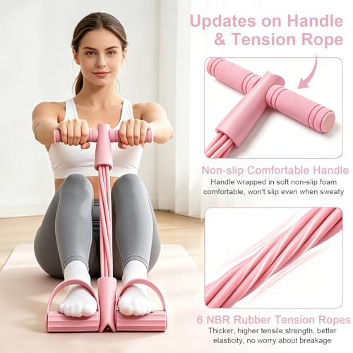 Pedal Resistance Band with Handle, 6-Tubes Tesistance Bands with Handles, Natural Rubber Foot Pedal Resistance Band, Multifunctional Exercise Bands for Abdomen, Waist, Leg, Arm - color: Pink