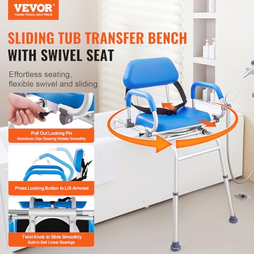 VEVOR Sliding Tub Transfer Bench with 360 Degree Swivel Seat, Sliding Shower Chair with Pivoting Armrest & Padded Seat and Safety Belt, Height Adjustable Bath Chair for Elderly Disabled, 330LBS