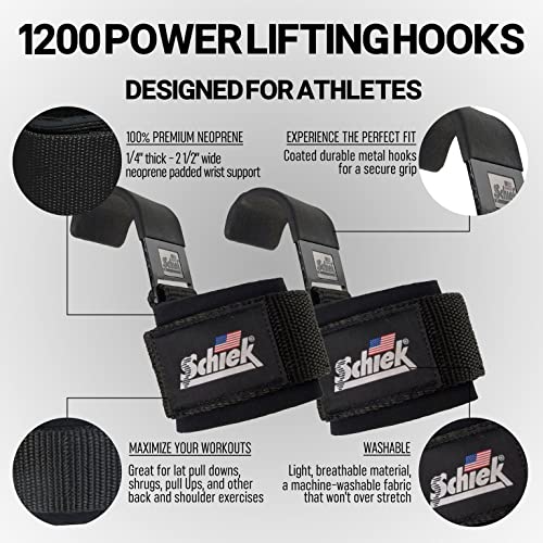 Schiek Sports 1200 Power Lifting Hooks - Maximum Grip Support in Heavy Lifting - Snug Fit - color: Black