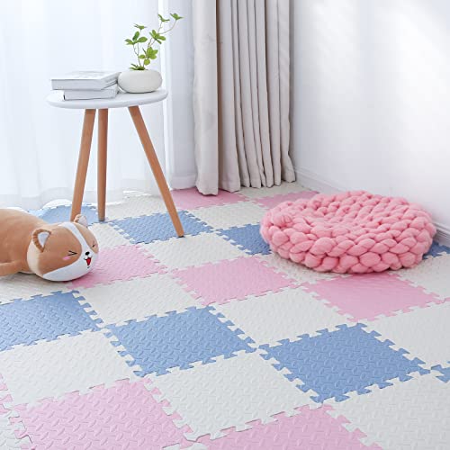 16Pcs Foam Play Mat, EVA Soft Interlocking Floor Mats, Solid Colored Foam Puzzled Floor Mats, Baby Play Mat Exercise Mats with Storage Bag(White/Pink/Gray Blue) - color: White/Pink/Light Blue, size: 16 Pcs/47.2*47.2