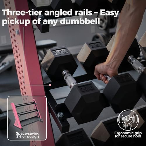 RitFit Rubber Hex Dumbbell Set with 3-Tier Dumbbell Rack,350-780LB Hand Weight Set with Anti-Slip Grip,1000LB Capacity Heavy Duty Steel Weight Storage Rack for Home Gym - color: Pink