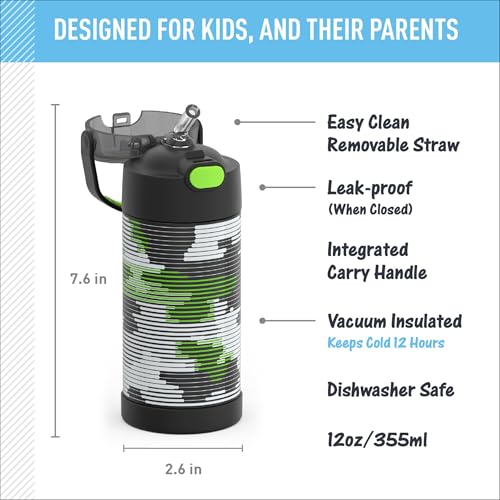 THERMOS FUNTAINER Water Bottle with Straw, 12oz, Inline Camo | Kids Stainless Steel Insulated Water Bottle, Keeps Drinks Cold Longer for School & Play, BPA-Free - color: Inline Camo, size: 12 Ounces