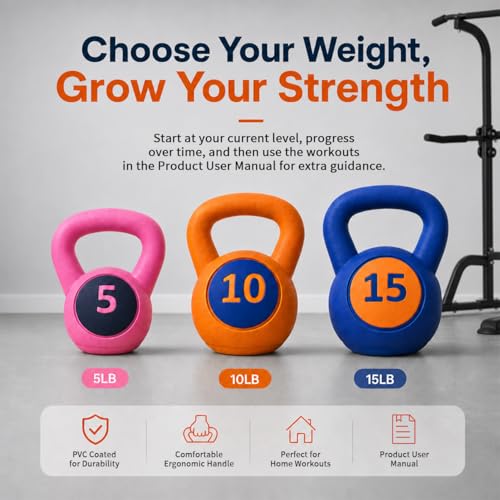 Single Kettlebells, Coated Cast Iron Kettlebell Weights with Wide Grip Handle & Flat Bottom, Strength Training Equipment for Swings, Squats, Deadlifts, Push-Ups & Home Gym Workouts - color: Blue-15 LB