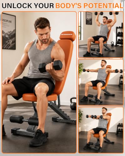 Fitness Bench, Adjustable, Comfortable, Fashionable, Foldable and Extended Headrest with 192 Positions Incline Decline 900LBS Home Gym Bench for Strength Training - color: Coffee