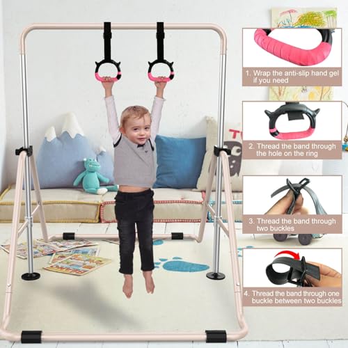Tepemccu Gymnastics Bars, Adjustable Gymnastic Horizontal Bars for Kids | 5-Height Adjustable 34.8"-50.8", Foldable for Home Training, Include Children Gymnastics Rings and Bar Pad, Indoor Outdoor - color: Beige with mat