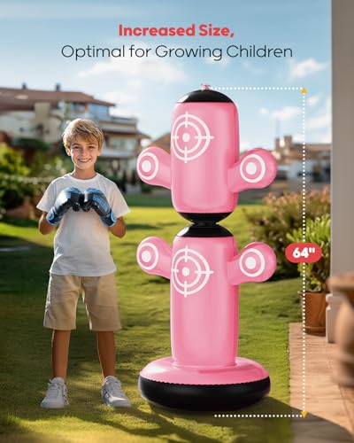 QPAU 360° Rotatable Punching Bag for Kids, Lager 64” Kids Punching Bag with Gloves, Hand Pump & 6 Targets, Bop Bag Inflatable Punching Toy, Karate Gifts for Boys, Girls - color: Pink
