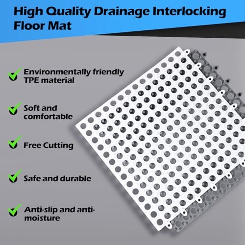 Tinideya 50 Pcs Drainage Interlocking Floor Tiles, 12'' x 12'' Soft TPE Non Slip Shower Floor Tiles for Pool Bathroom Shower Balcony Patio Locker Room Basement Stairs(White and Light Gray) - color: Light Gray and White