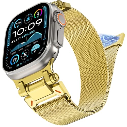 WINGLE Milanese Loop for Apple Watch Band Ultra 3/2/1 Band Ultra 49mm Series 11 10 46mm 45mm 44mm SE 3/2/1 Series 9 8 7 6 5 4 3 Men Women,Parachute-Style Buckle Stainless Steel Mesh Metal iWatch Bands - color: Magnetic Metal Mesh Loop-Gold