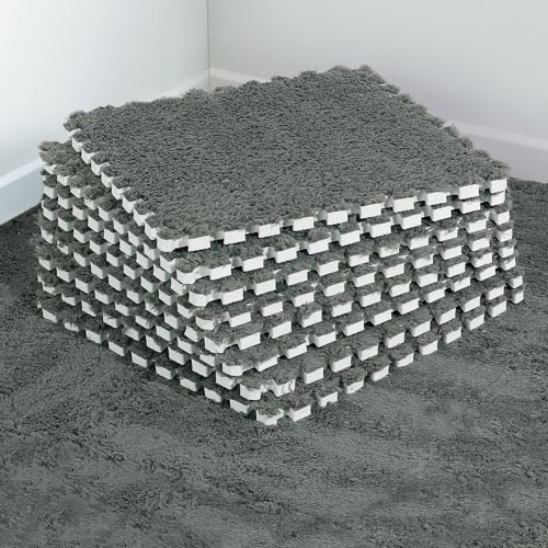 12 pcs Thickened Plush Foam Interlocking Floor Mat, Interlocking Foam Tiles with Edgings for Kids, Soft Anti-Slip Puzzle Area Square Rug Playmat for Children Room Bedroom(11.8", Gray) - color: Grey