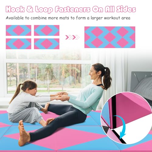 Goplus Gymnastics Mat, Folding Tumbling Mat with Carry Handles, Hook & Loop Fasteners, 4 Panels for Fitness Exercise Yoga Stretching Aerobics Workouts, Thick Gym Mats for Home - color: Blue&Pink