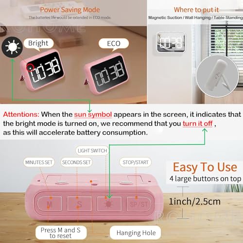 Digital Large Display Visual Timer Stopwatch for Kitchen Teacher School Classroom Cooking, Night Light Magnetic Bathroom Makeup Mirror LED Stop Clock Timer, 99 Minutes Countdown, Loud/Silent (White) - color: White