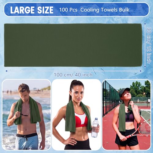 Hosuly 100 Pack Cooling Towels, 40"x12" Cooling Towels for Neck and Face Breathable Soft Chilly Sweat Rag Microfiber Sport Rags for Gym Yoga Golf Running - color: Olive Green