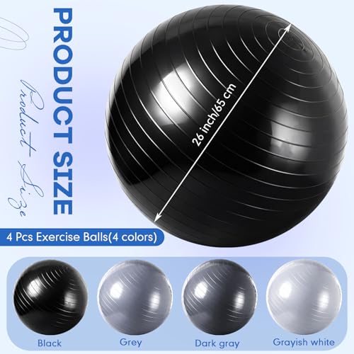 Leyndo 4 Pcs 26 Inch Yoga Exercise Ball Pilates Pregnancy Birthing Fitness Ball with Quick Pump Anti Burst for Improved Posture, Balance, Yoga, Pilates, Training - color: Gray Black Set