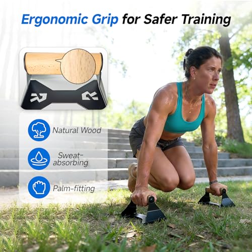 Rocalt Push Up Bars with Wooden Handles, Home Gym Calisthenics Parallettes | Ergonomics beech wood grips, alloy steel frame, 550 lb support, anti-slip feet, no assembly, for dips and deep push-ups