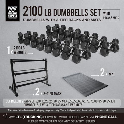 WF Athletic Supply Rubber Encased Hex Dumbbells with Rubber Grip Contoured Handle for Muscle Toning, Strength Building & Full Body Workout - color: z. 2100LB (5LB - 100LB) Dumbbell Set w/ 3-Tier Rack and Mat