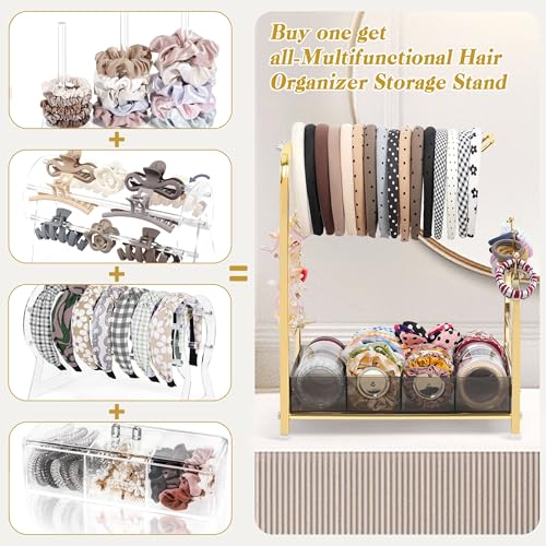 Keebofly Acrylic Hair Accessories Organizer, Versatile Headband Holder Stand for Scrunchies, Bows, Claw Clips, Hair Tie, Compact Hair Organizer Storage for Girls, Women, Babies, Amber & Gold-Plated - color: Amber Acrylic & Gold-Plated