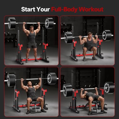 PASYOU Adjustable Squat Power Rack for Home Gym | Adjustable Free Weight Racks, Dual Steel Frame, Push-up Handles, with Dumbbell Storage, Heavy Strength Training for Home Gym - color: Red