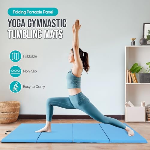 Gymnastics Mat - Tumbling & Exercise - 4 Folding - Indoor/Outdoor - Extra Thick - High Density - Yoga & Arts - color: BLUE
