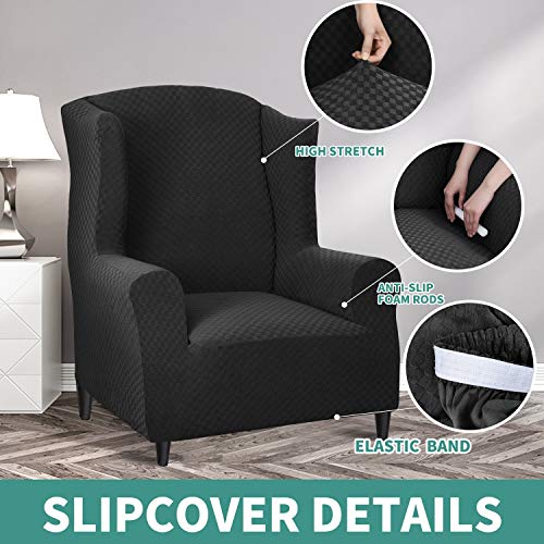 YEMYHOM 1 Piece Stretch Wingback Chair Slipcover Latest Jacquard Design Wing Chair Cover Non Slip Furniture Protector with Foam Rods for Living Room (Wing Chair, Black) - color: Black, size: 1 Pack - Wing Chair