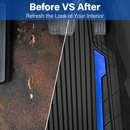 CAR PASS Heavy Duty Rubber Car Mats Metallic,Aluminum Film All Weather Floor Mats Waterproof Universal Trim to Fit Automotive SUV Sedan Van 4 Piece Anodized Deep Dish Two-Tone Sporty Black Blue Chrome - color: Black Blue