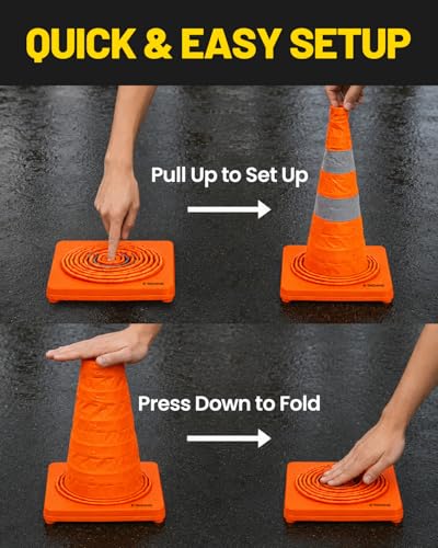 E-riding 28 Inch 4 Pack Collapsible Traffic Cones | Pop-up Orange Cones with 2 Reflective Collars, Multi-Purpose Protable Safety Cones for Parking Lot, Driving Training - size: 28 Inch