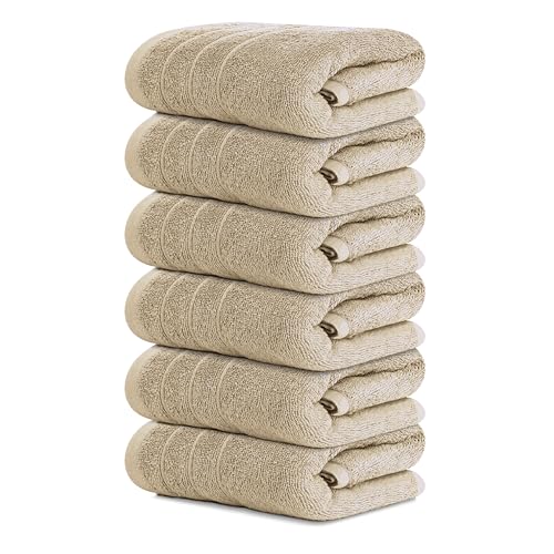 Tens Towels Pack of 6 Hand Towels, 100% Cotton, Lighter Weight, Quick to Dry, 16 x 28 Inches, Super Soft & Absorbent, Perfect for Bathroom & Kitchen (Beige) - color: Beige