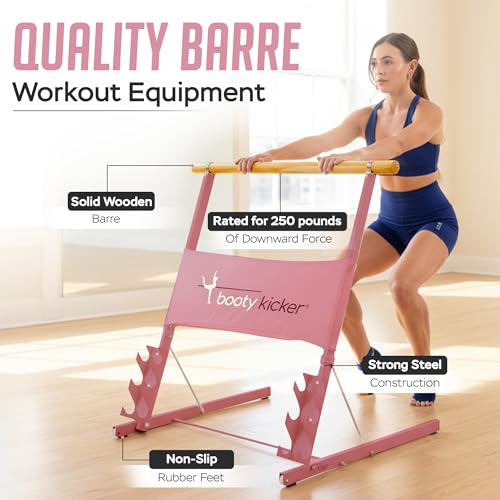 Portable Folding Exercise Bar for Barre, Balance and Ballet Home Workouts | Authentic Booty Kicker, Strong Freestanding Stable Design, Solid Steel and Wood Workout Equipment - color: Pink