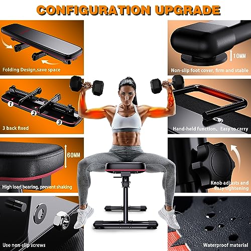 Weight Bench Folding Workout Bench with Carrying Handle Flat Home Training Multiuse Fitness Bench - color: Red